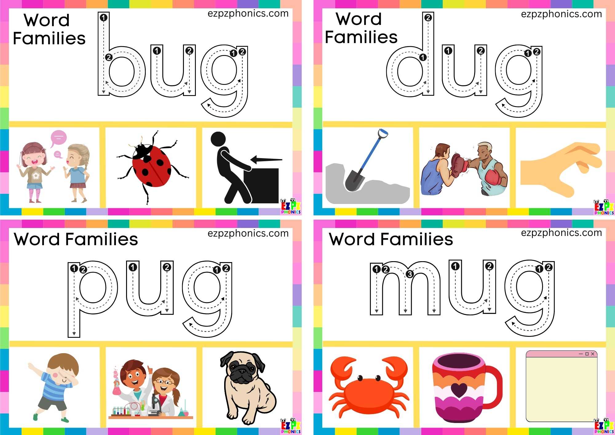 Trace The Word And Clip The Correct Image Clip Cards For Word Family Ug ...